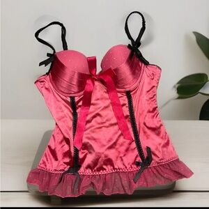 Women's Corsette Bustier Negligee Pink Black Bow Sexy Coquette Burlesque Size M